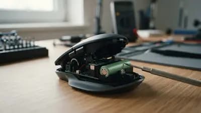 Close em mouse sem fio moderno sendo aberto para revelação de bateria interna substituível em uma bancada técnica.