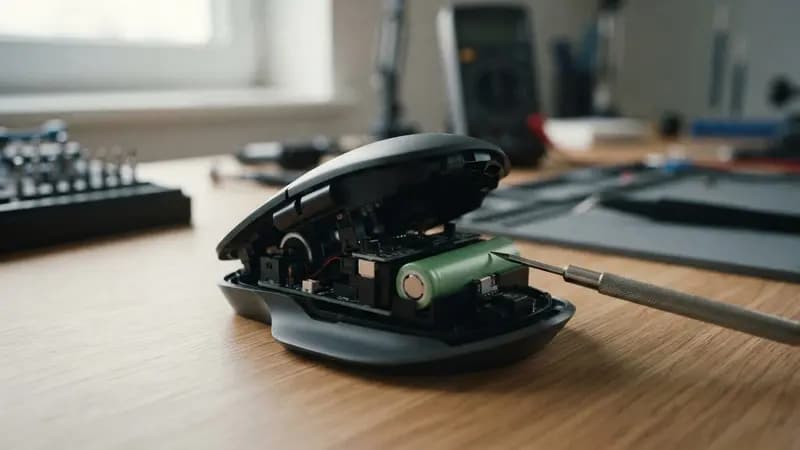 Close em mouse sem fio moderno sendo aberto para revelação de bateria interna substituível em uma bancada técnica.