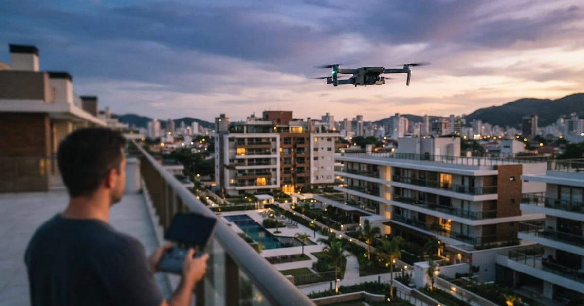 Drone compacto voando sobre um complexo residencial moderno para captação de imagens profissionais de imóveis.