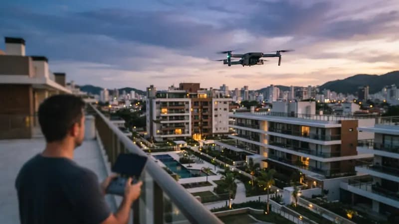 Drone compacto voando sobre um complexo residencial moderno para captação de imagens profissionais de imóveis.