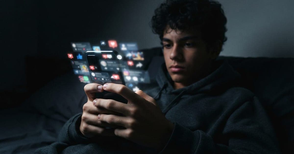 Smartphone sendo usado por um adolescente em um ambiente escuro, com foco nas notificações de redes sociais na tela