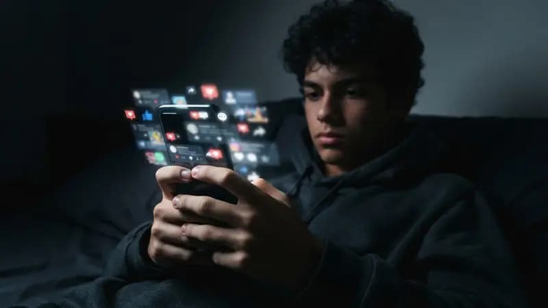 Smartphone sendo usado por um adolescente em um ambiente escuro, com foco nas notificações de redes sociais na tela