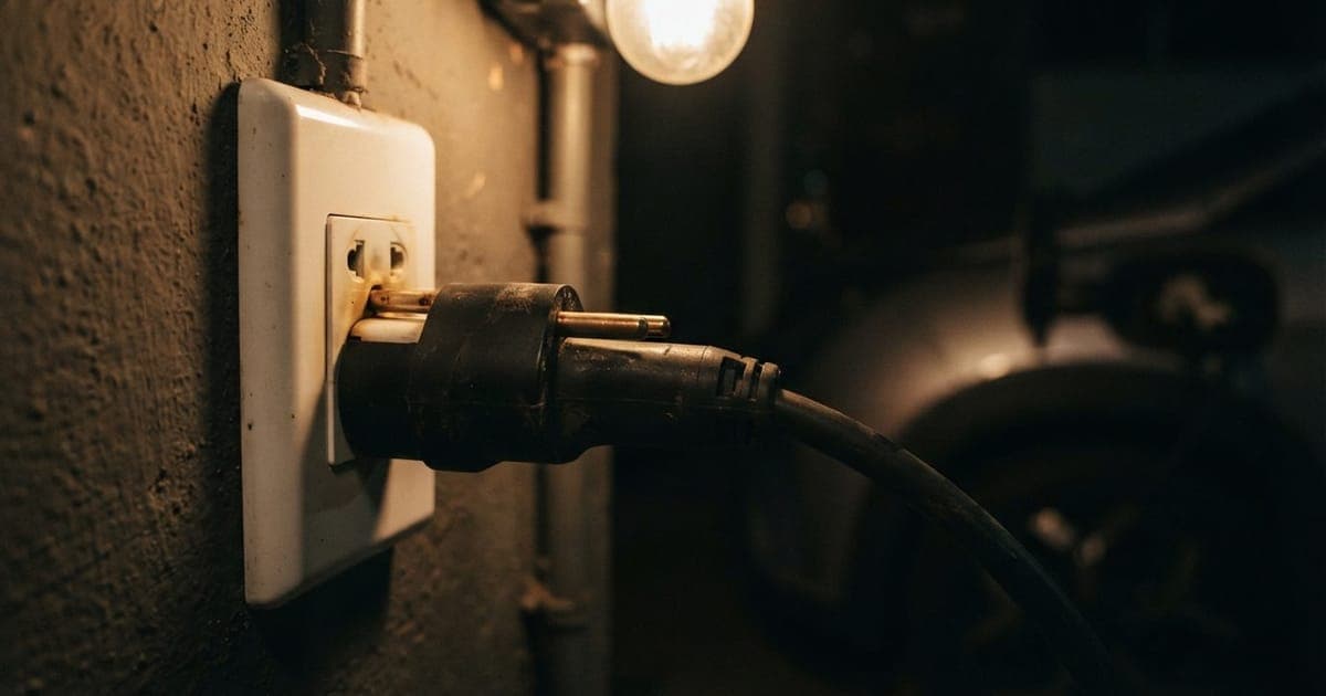 Close-up de cabo de carregador de carro elétrico conectado a uma tomada residencial com foco nos pinos de metal