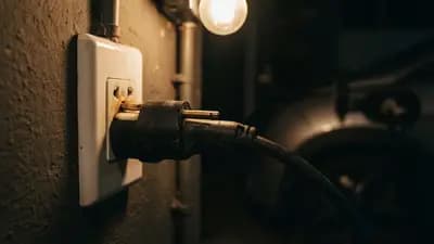 Close-up de cabo de carregador de carro elétrico conectado a uma tomada residencial com foco nos pinos de metal
