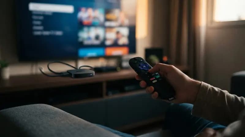 Pessoa segurando um controle remoto de streaming Roku em uma sala de estar com foco em dispositivos conectados na TV