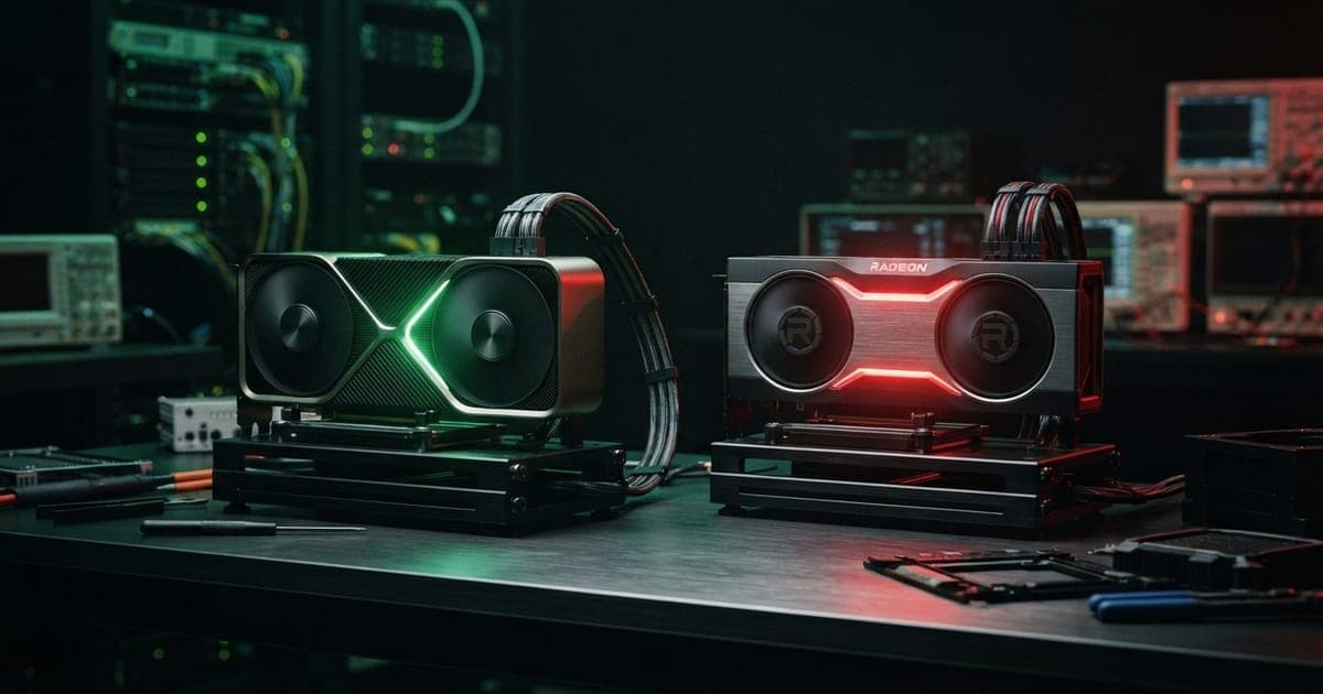 Ilustração editorial sobre RTX 50 Series e AMD RX 9000: NVIDIA e AMD revelam suas próximas gerações de placas gráficas com arquiteturas revolucionárias