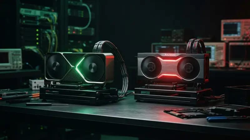 Ilustração editorial sobre RTX 50 Series e AMD RX 9000: NVIDIA e AMD revelam suas próximas gerações de placas gráficas com arquiteturas revolucionárias