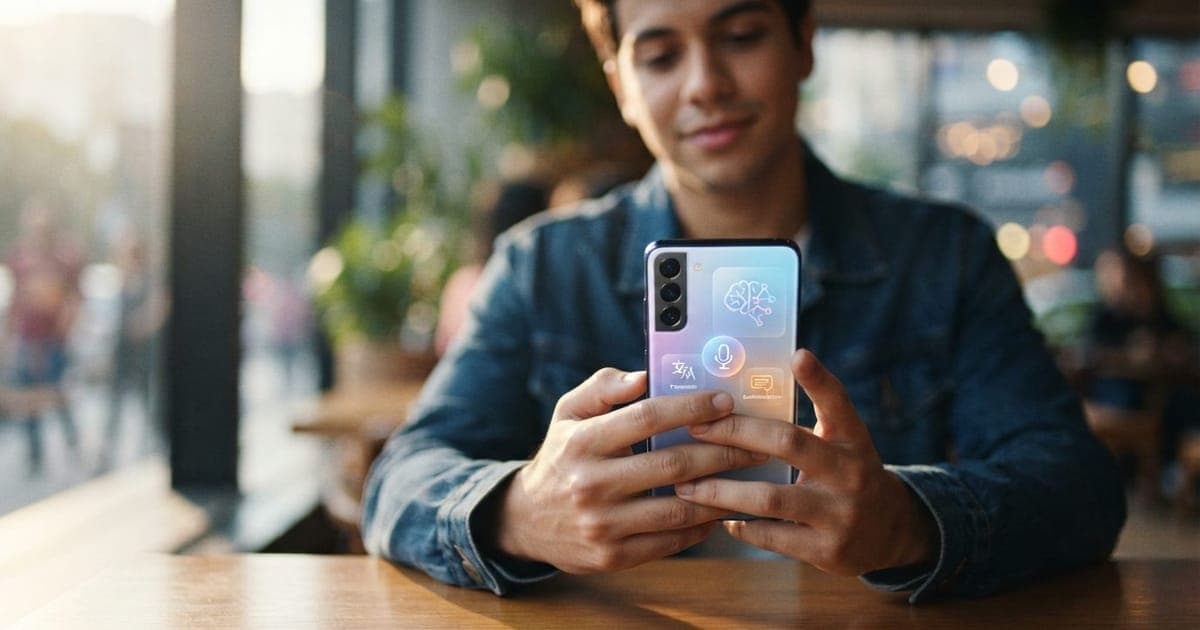 Pessoa segurando um smartphone moderno da linha Galaxy exibindo ícones de inteligência artificial na tela vibrante