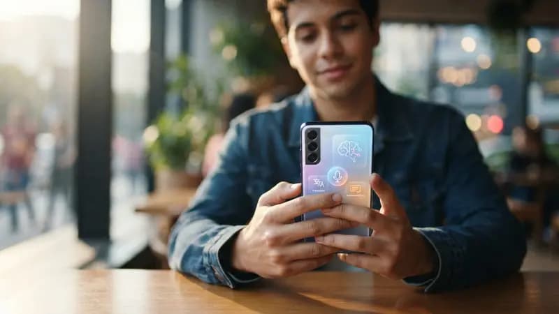 Pessoa segurando um smartphone moderno da linha Galaxy exibindo ícones de inteligência artificial na tela vibrante