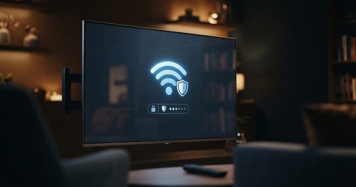 Close em uma tela de Smart TV exibindo configurações de rede com ícones de segurança digital e conexão Wi-Fi