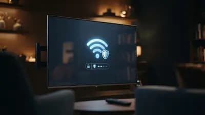 Close em uma tela de Smart TV exibindo configurações de rede com ícones de segurança digital e conexão Wi-Fi