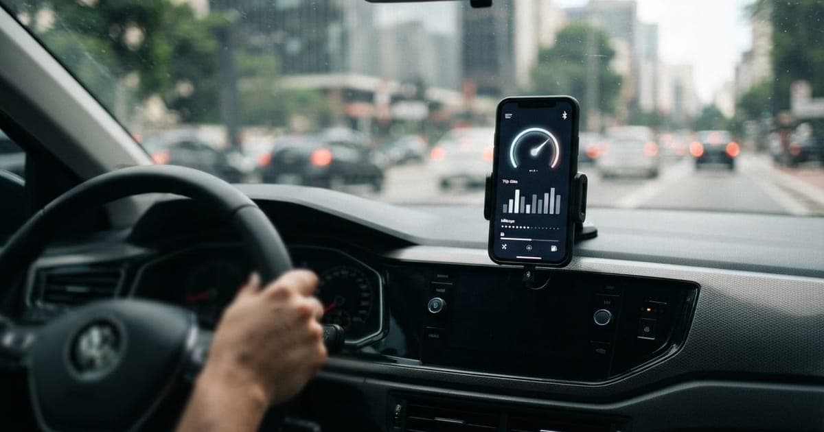 Smartphone conectado ao painel do carro via Bluetooth exibindo dados de telemetria e quilometragem em uma tela moderna.