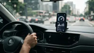 Smartphone conectado ao painel do carro via Bluetooth exibindo dados de telemetria e quilometragem em uma tela moderna.