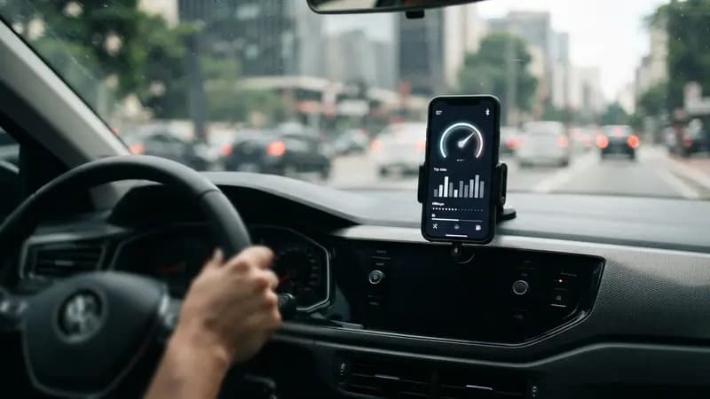 Smartphone conectado ao painel do carro via Bluetooth exibindo dados de telemetria e quilometragem em uma tela moderna.
