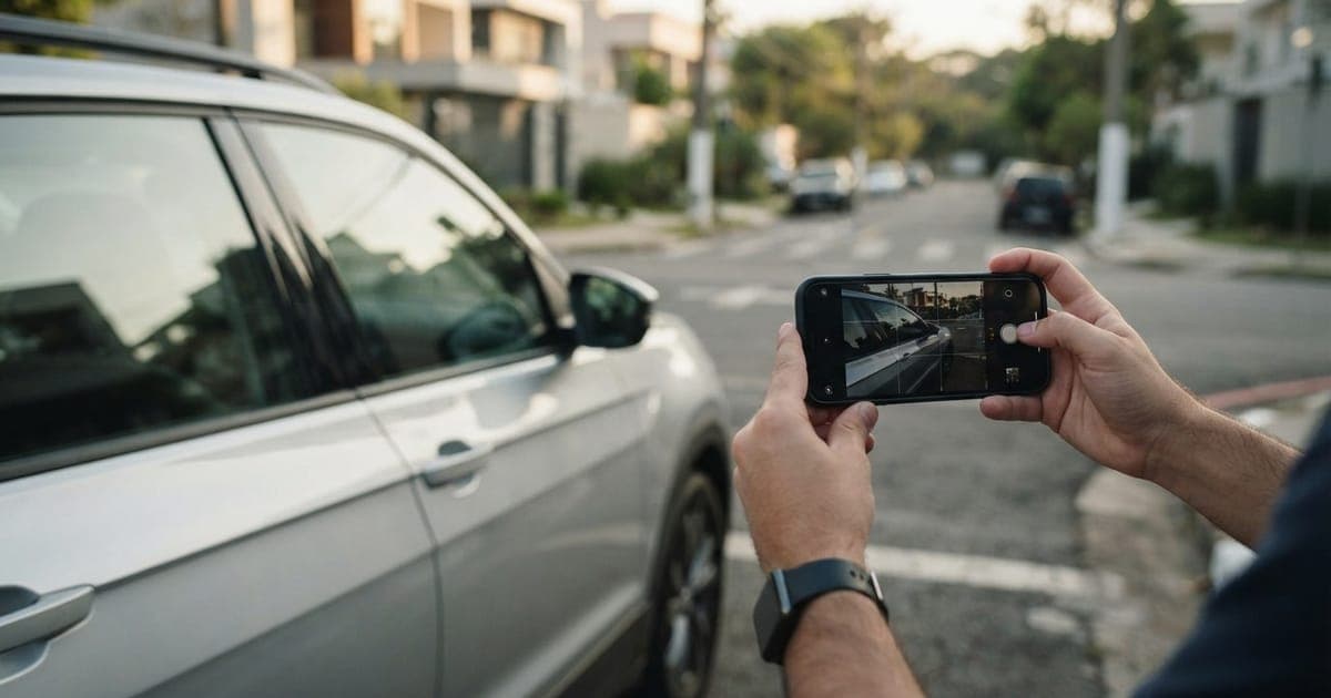 Smartphone registrando fotos detalhadas de um automóvel seminovo estacionado para comprovação de seguro sem vistoria