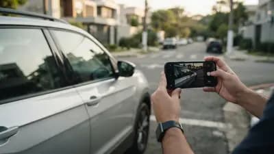 Smartphone registrando fotos detalhadas de um automóvel seminovo estacionado para comprovação de seguro sem vistoria