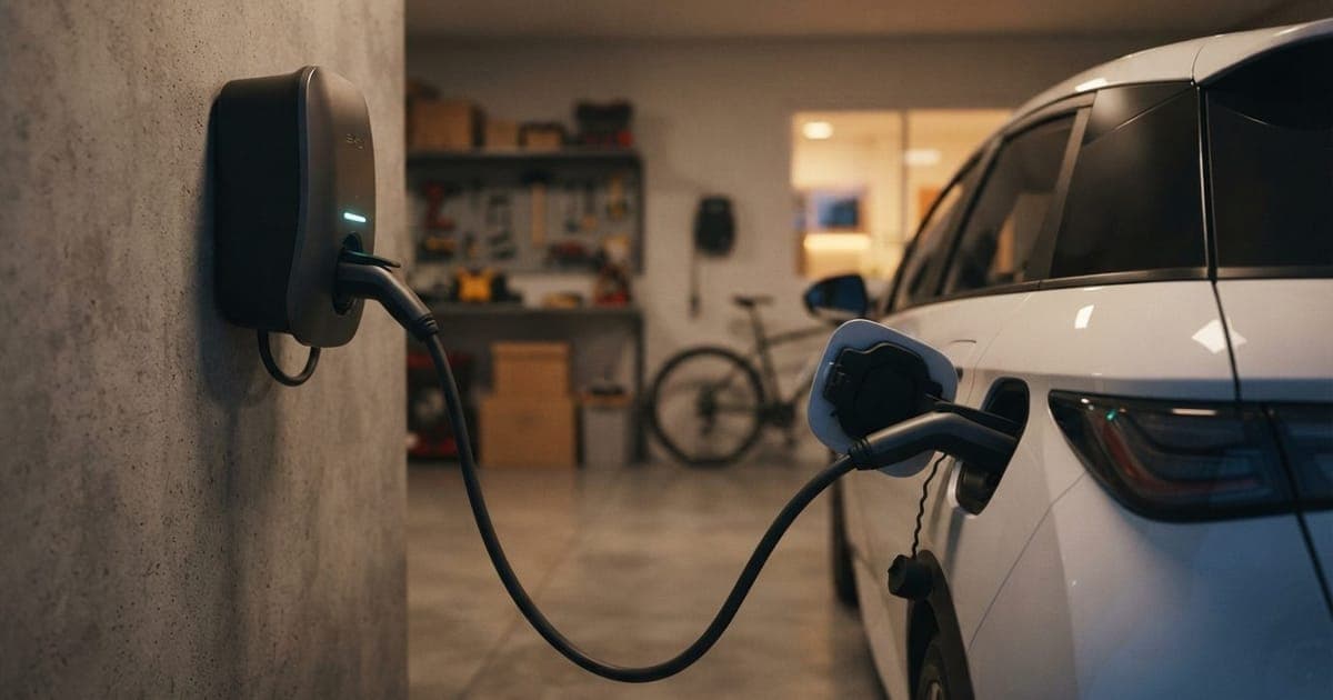 Close em carregador de carro elétrico conectado ao veículo em uma garagem residencial com foco no wallbox