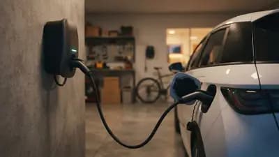 Close em carregador de carro elétrico conectado ao veículo em uma garagem residencial com foco no wallbox