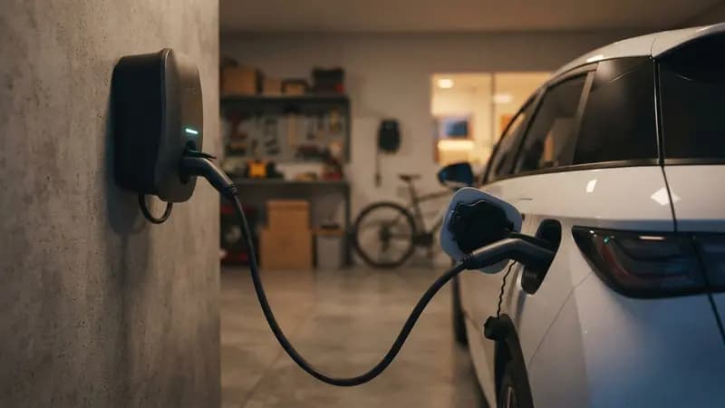 Close em carregador de carro elétrico conectado ao veículo em uma garagem residencial com foco no wallbox