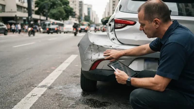 Detalhe de um parachoque de carro danificado em uma via urbana sendo avaliado por um perito de seguros