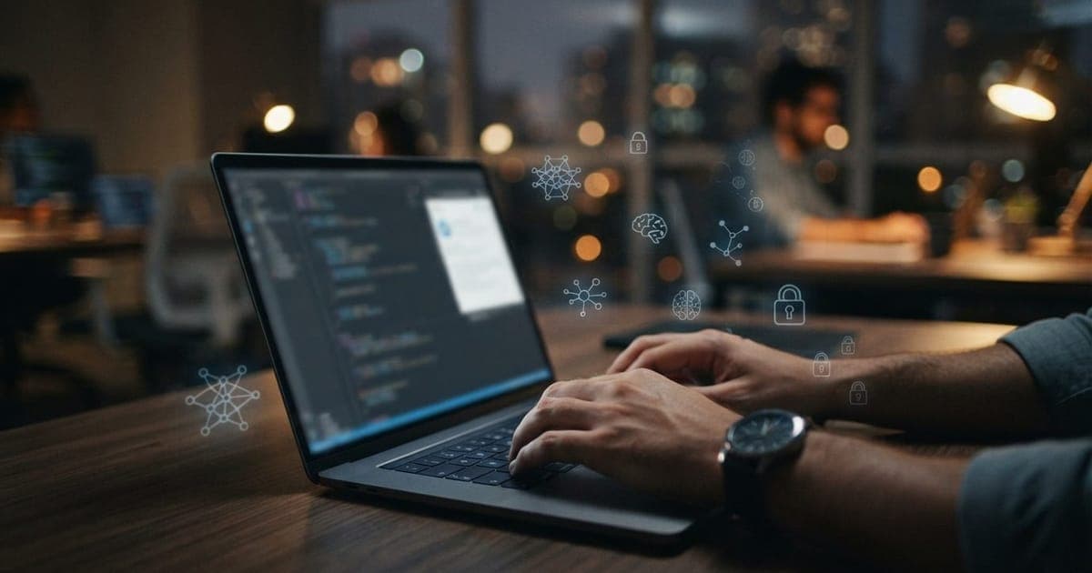 Close em mãos de um funcionário digitando em notebook com ícones de inteligência artificial flutuantes sobre a mesa