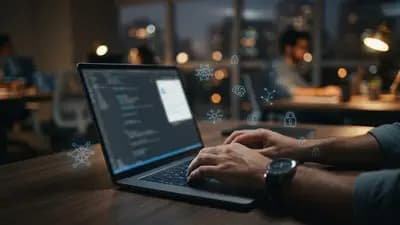 Close em mãos de um funcionário digitando em notebook com ícones de inteligência artificial flutuantes sobre a mesa
