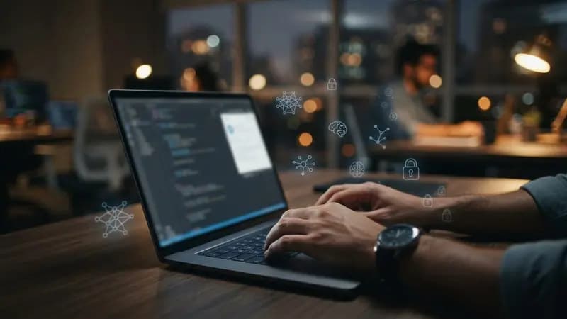 Close em mãos de um funcionário digitando em notebook com ícones de inteligência artificial flutuantes sobre a mesa