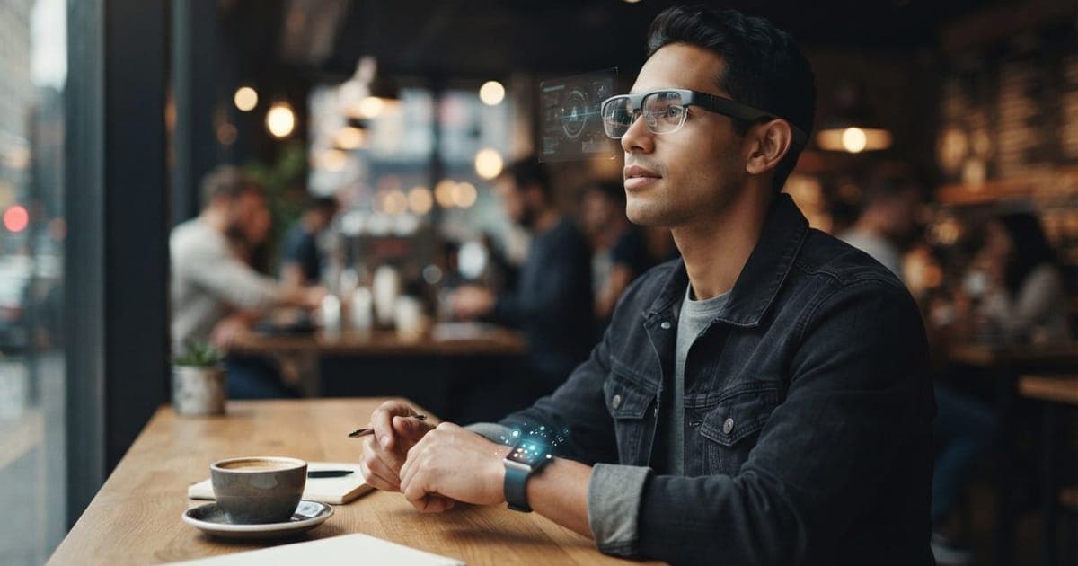 Ilustração editorial sobre Smart Glasses vs Smartwatch: Smart glasses com IA desafiam domínio de smartwatches