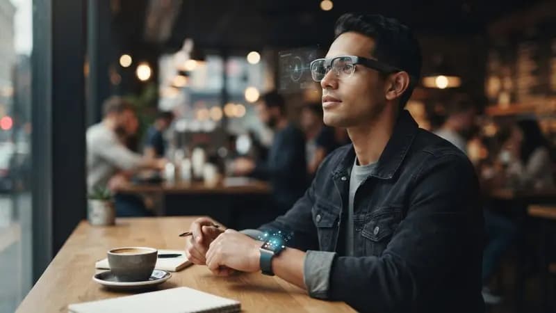 Ilustração editorial sobre Smart Glasses vs Smartwatch: Smart glasses com IA desafiam domínio de smartwatches