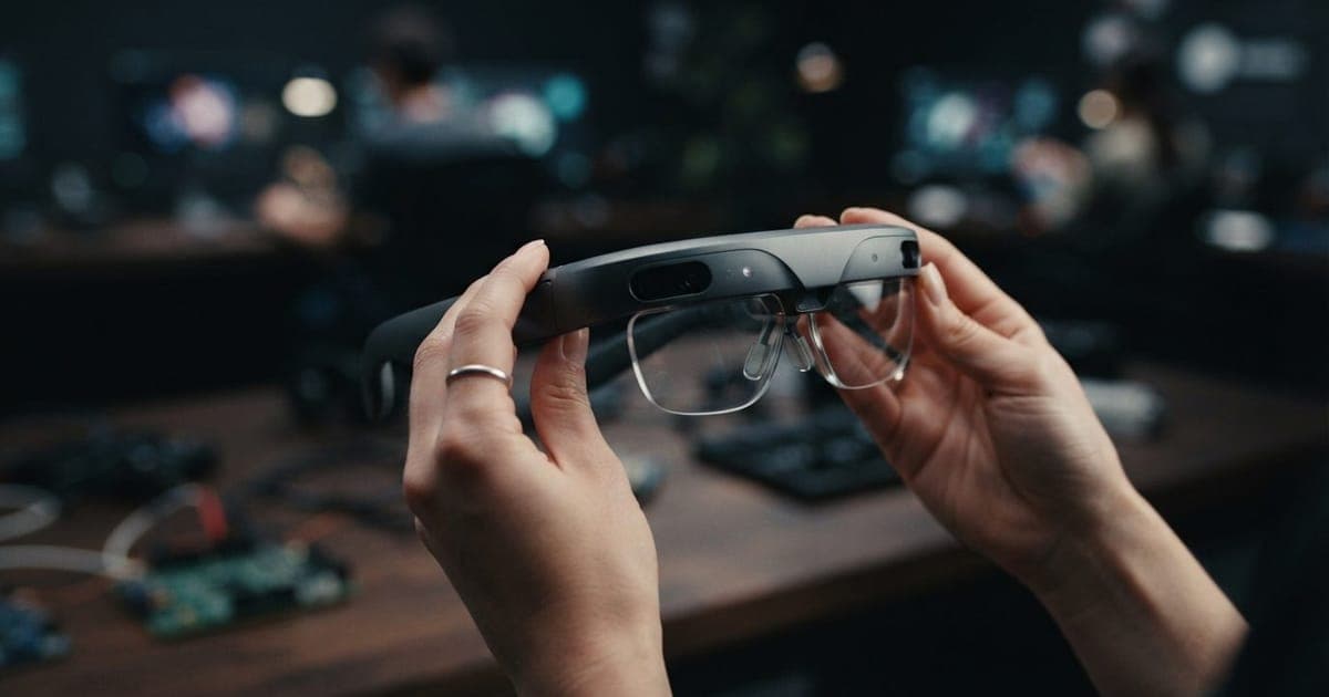 Mãos segurando um protótipo futurista de óculos de realidade aumentada com design moderno e lentes transparentes.