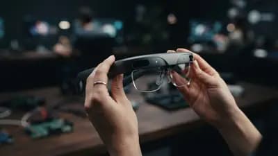 Mãos segurando um protótipo futurista de óculos de realidade aumentada com design moderno e lentes transparentes.