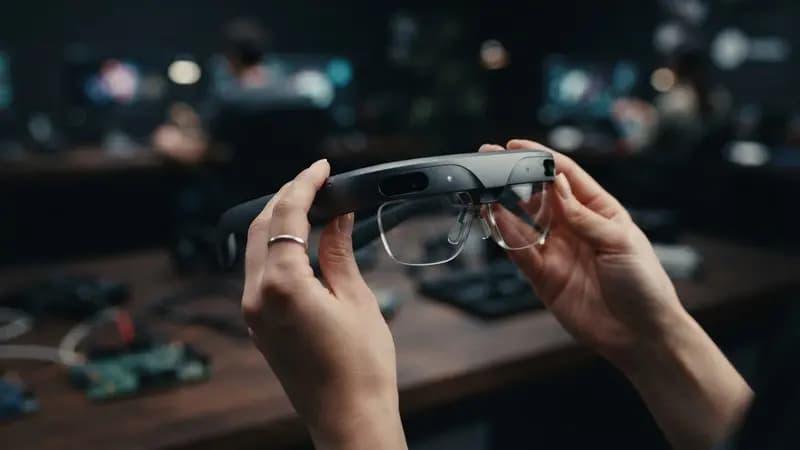 Mãos segurando um protótipo futurista de óculos de realidade aumentada com design moderno e lentes transparentes.