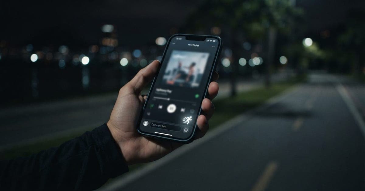 Interface de aplicativo de música exibindo caixa de texto para comentários e ícone de corredor sobre fundo escuro.