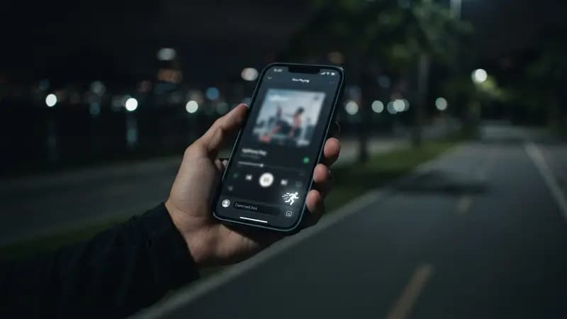 Interface de aplicativo de música exibindo caixa de texto para comentários e ícone de corredor sobre fundo escuro.