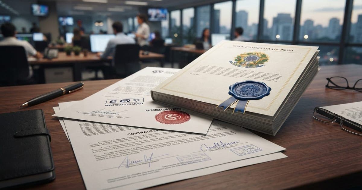Documentos e selos oficiais de regulação financeira sobrepostos a uma mesa com contrato de seguro assinado