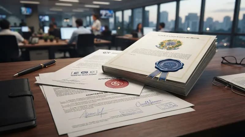 Documentos e selos oficiais de regulação financeira sobrepostos a uma mesa com contrato de seguro assinado