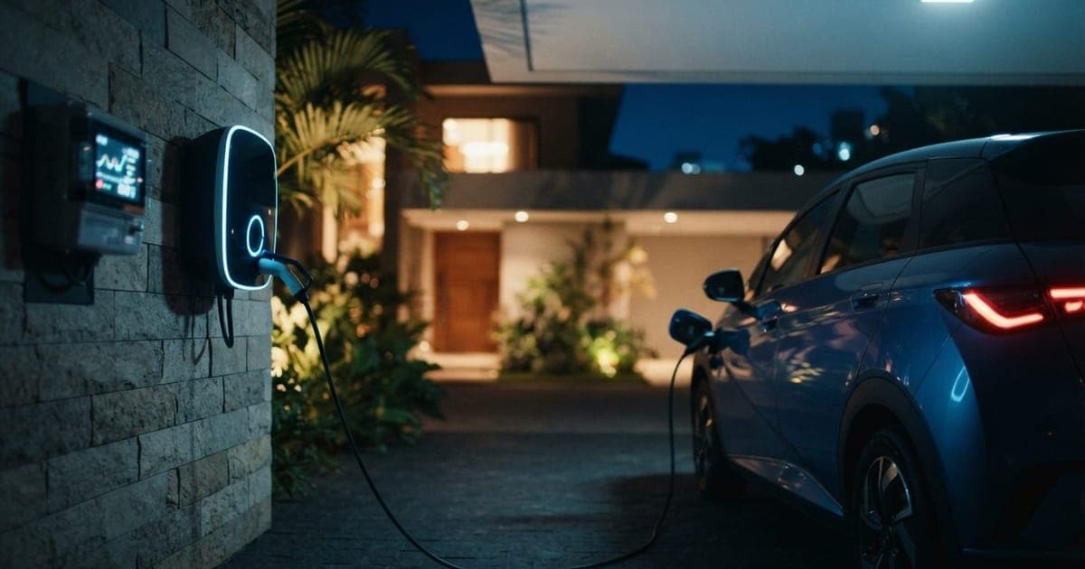 Carro elétrico conectado a uma estação de carregamento wallbox residencial durante a noite com medidor eletrônico
