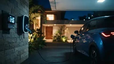 Carro elétrico conectado a uma estação de carregamento wallbox residencial durante a noite com medidor eletrônico