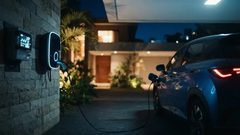 Carro elétrico conectado a uma estação de carregamento wallbox residencial durante a noite com medidor eletrônico