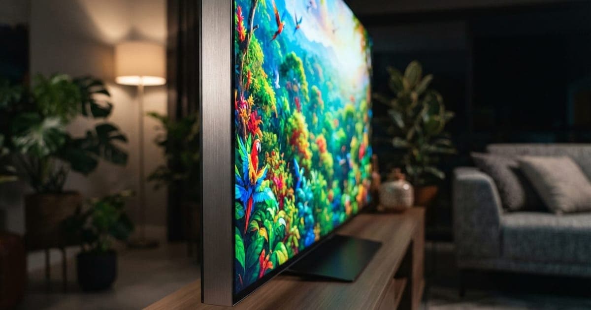 Close-up na borda fina de uma tela de TV 4K de alta definição com imagens vibrantes coloridas exibidas na sala de estar