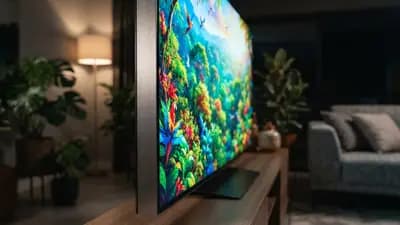 Close-up na borda fina de uma tela de TV 4K de alta definição com imagens vibrantes coloridas exibidas na sala de estar