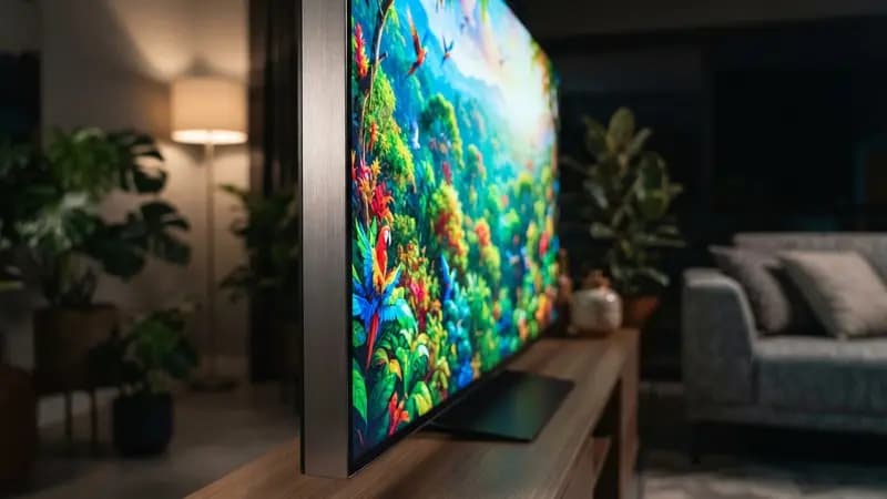 Close-up na borda fina de uma tela de TV 4K de alta definição com imagens vibrantes coloridas exibidas na sala de estar