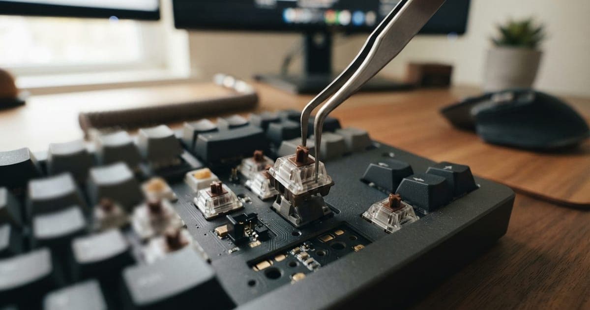 Close-up de switch mecânico sendo encaixado em soquete hot-swap de um teclado com pinça de metal em mesa de escritório