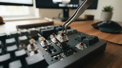 Close-up de switch mecânico sendo encaixado em soquete hot-swap de um teclado com pinça de metal em mesa de escritório