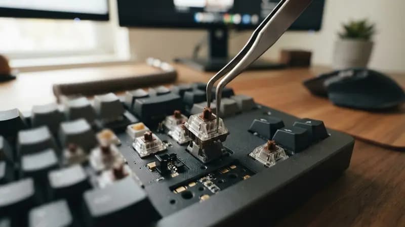 Close-up de switch mecânico sendo encaixado em soquete hot-swap de um teclado com pinça de metal em mesa de escritório
