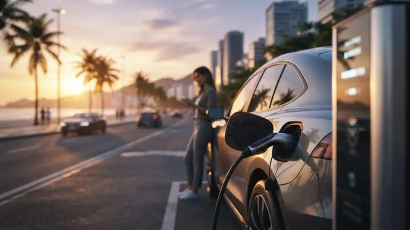 Ilustração editorial sobre Tecnologia de Bateria Sólida Promete 745 km em Uma Carga em 2026: Baterias de estado sólido estão próximas de revolucionar os EVs