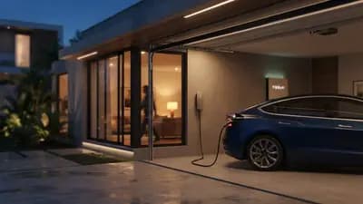 Carro Tesla estacionado na garagem de uma casa moderna com cabos de recarga conectados e luzes internas acesas
