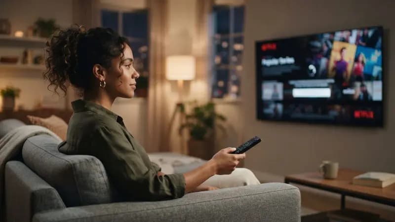 Pessoa sentada no sofá segurando um controle remoto em frente a uma televisão exibindo o aplicativo para teste gratuito da Netflix.