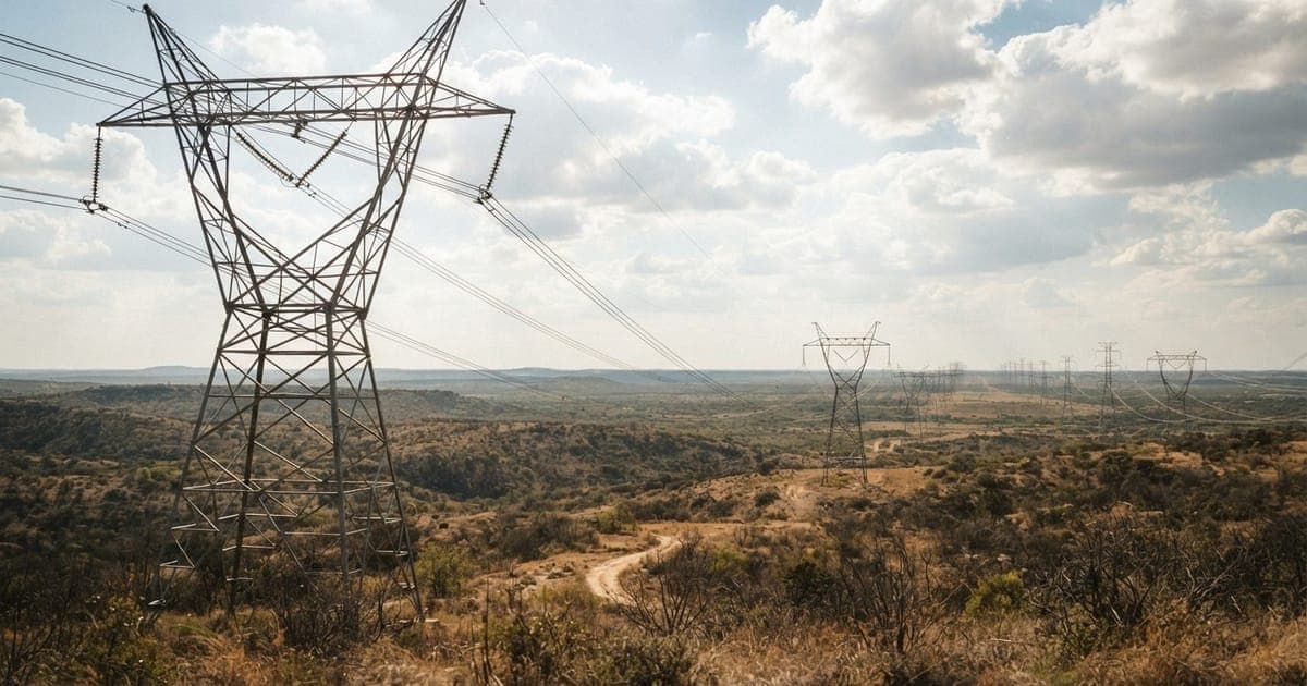 Linhas de transmissão de alta tensão sobre paisagem árida sob céu ensolarado simbolizando a gestão de infraestrutura de energia.