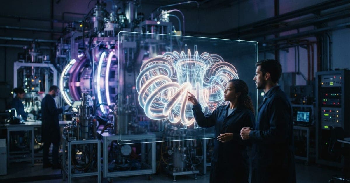 Diagrama técnico de um reator nuclear stellarator com bobinas eletromagnéticas brilhantes em ambiente laboratorial futurista.